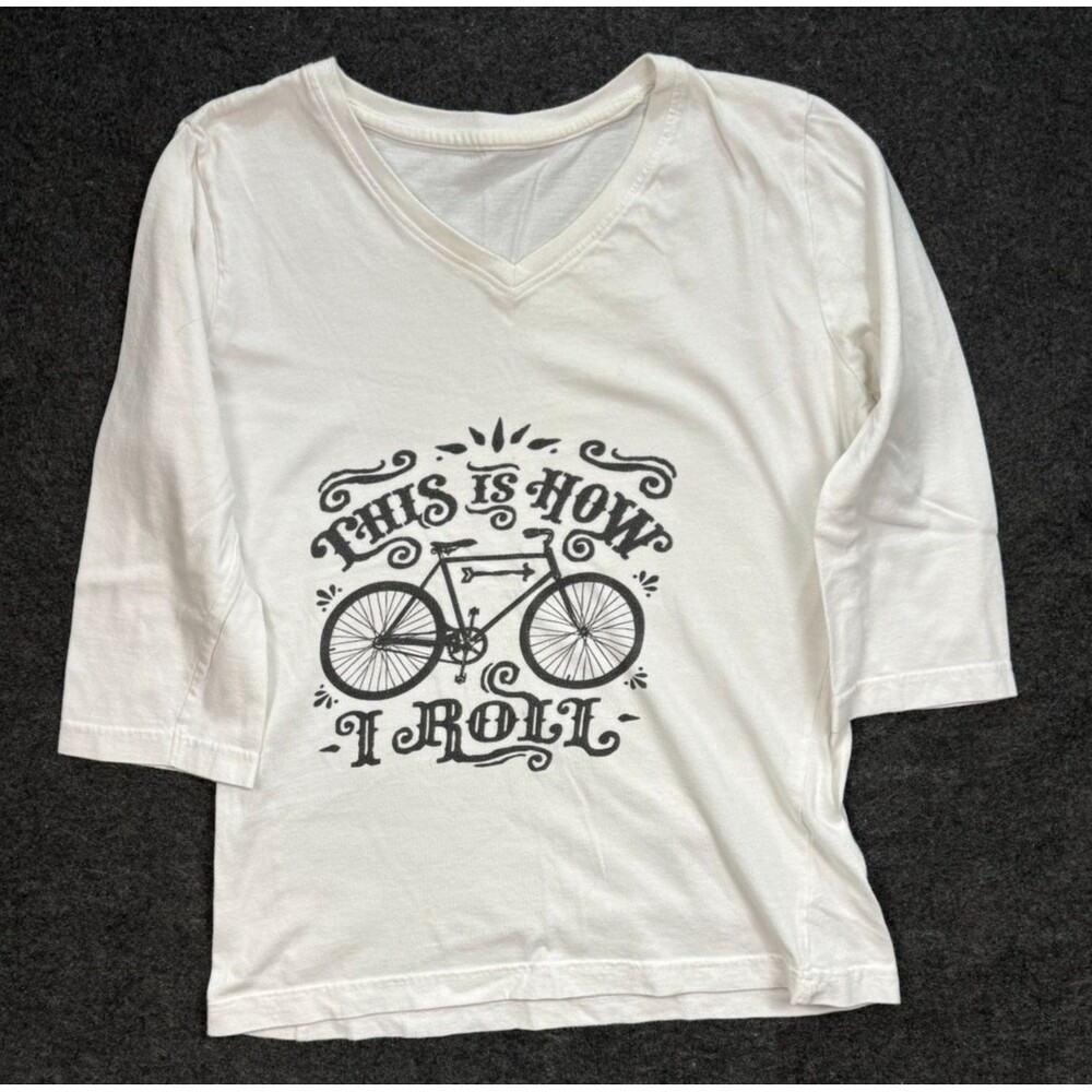 Cycling White Graphic Print T Shirt Medium 3/4 Sleeve THIS IS HOW I ROLL Bicycle - Picture 4 of 6